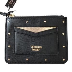 Victoria's Secret NEW Black Gold Leather Heart Studs Pouch Wallet ID/Card Holder